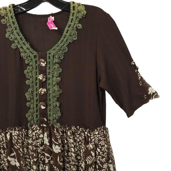 Pretty Angel Chocolate Floral Boho Tunic Top Womens L Crochet Trim Button Detail - Picture 11 of 15